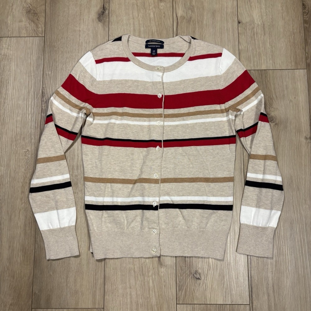 Lands End Womens Button Up Cardigan Sweater‎ XS 2-4 Striped Beige Career Preppy